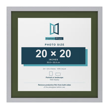 Silver 24 x 24 inch picture frame with a green mount for a 20 x 20 inch photo