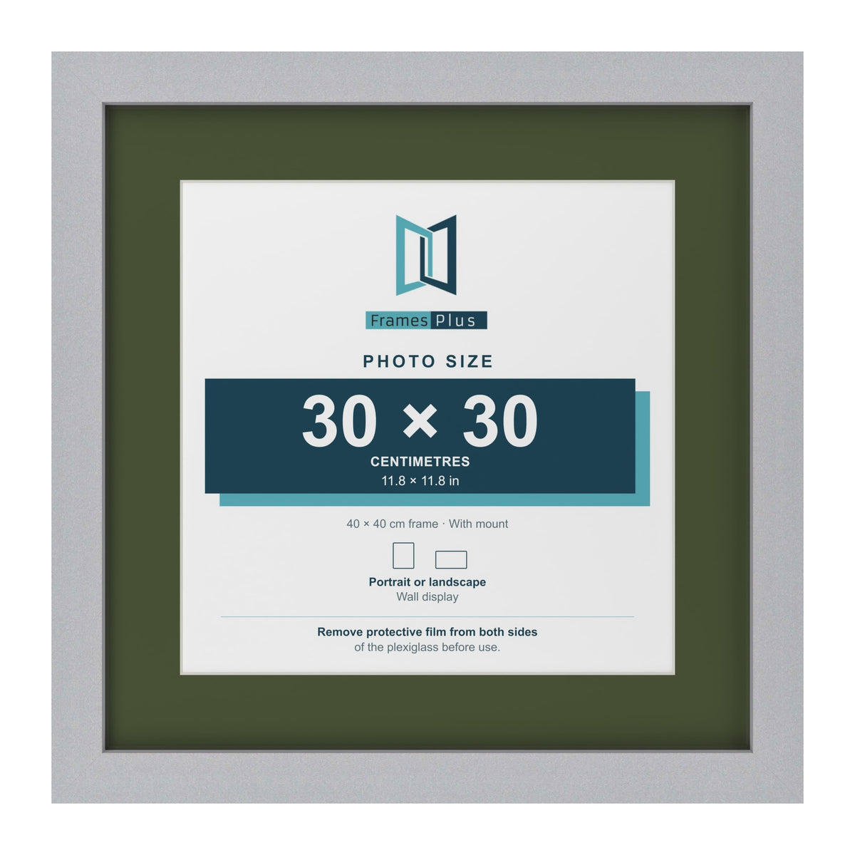 Silver 40 x 40 cm picture frame with a green mount for a 30 x 30 cm photo