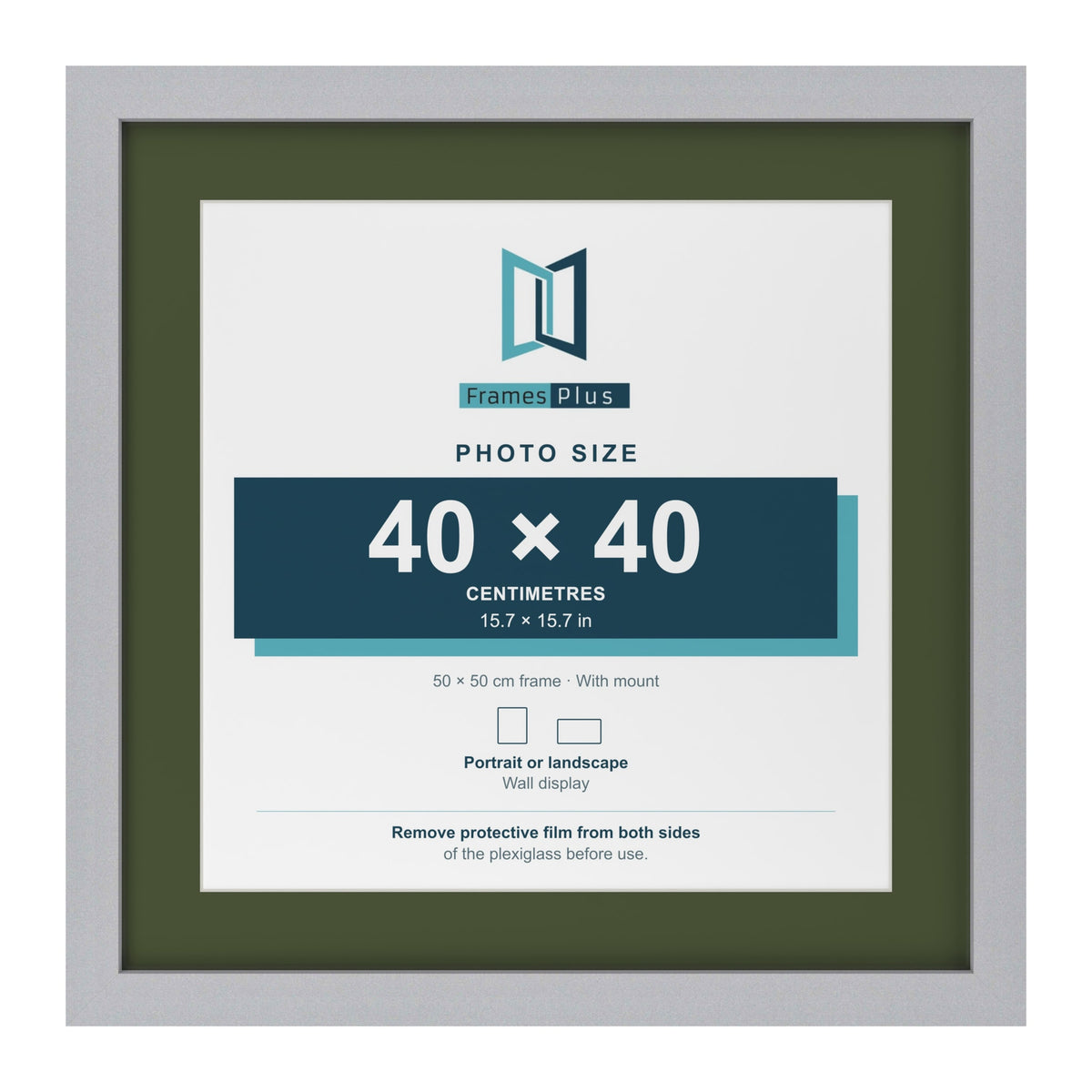 Silver 50 x 50 cm picture frame with a green mount for a 40 x 40 cm photo