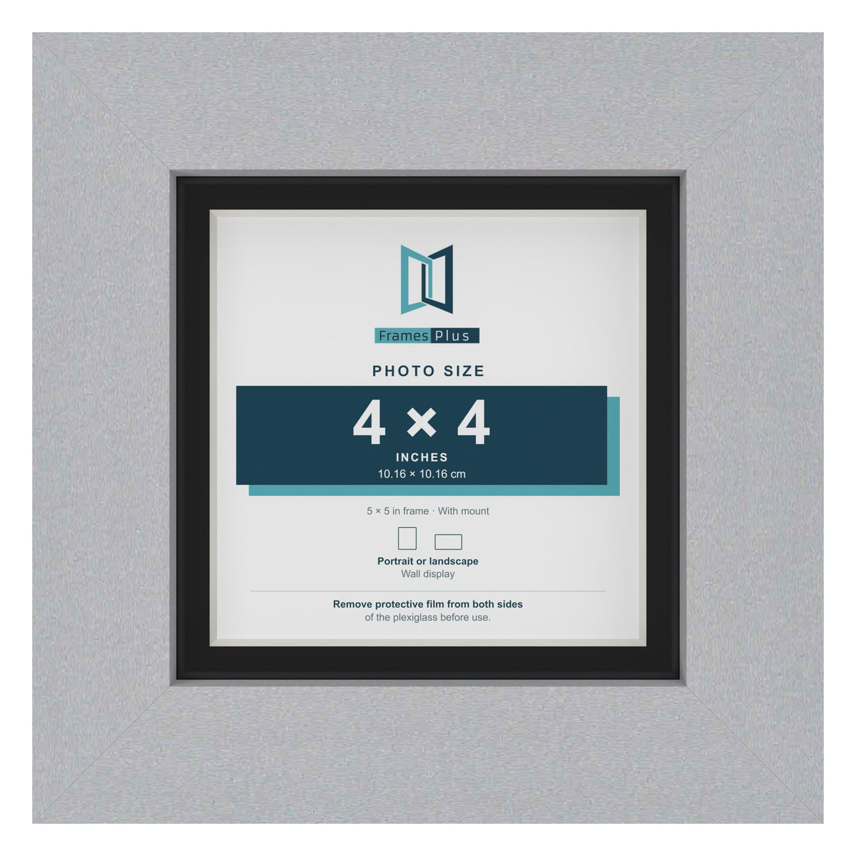 Silver 5 x 5 inch picture frame with a black mount for a 4 x 4 inch photo