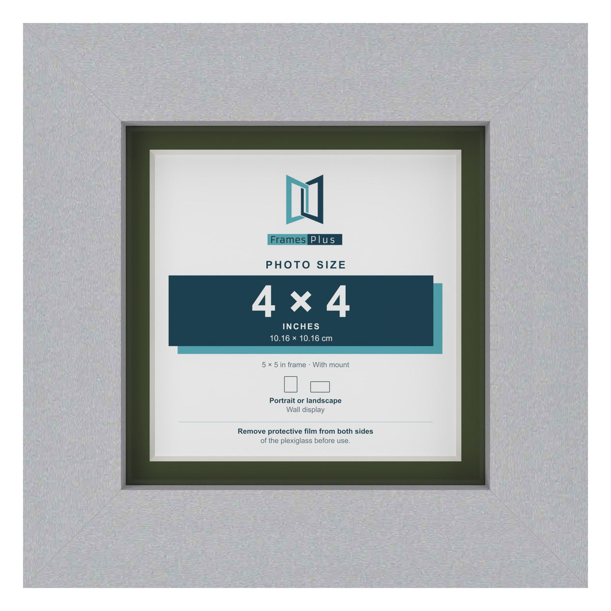 Silver 5 x 5 inch picture frame with a green mount for a 4 x 4 inch photo