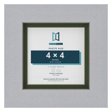 Silver 5 x 5 inch picture frame with a green mount for a 4 x 4 inch photo