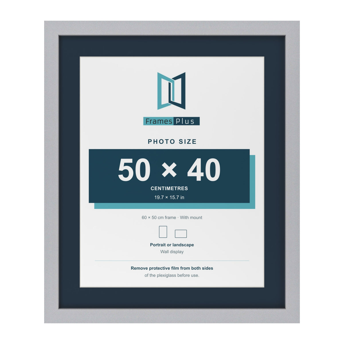 Silver 60 x 50 cm picture frame with a Pacific Blue mount for a 50 x 40 cm photo