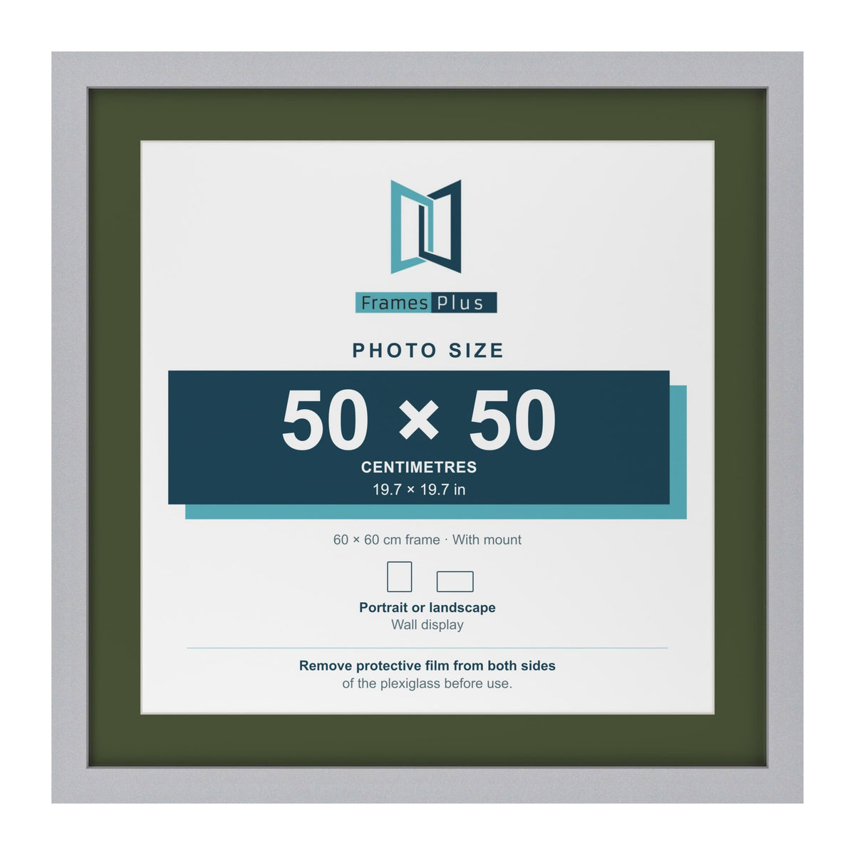 Silver 60 x 60 cm picture frame with a green mount for a 50 x 50 cm photo