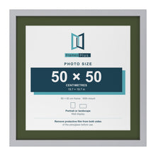 Silver 60 x 60 cm picture frame with a green mount for a 50 x 50 cm photo