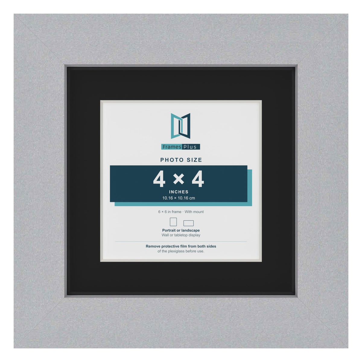 Silver 6 x 6 inch picture frame with a black mount for a 4 x 4 inch photo
