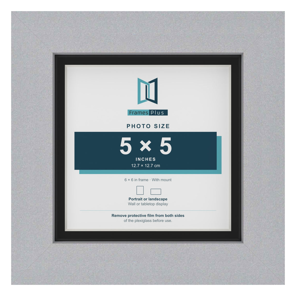 Silver 6 x 6 inch picture frame with a black mount for a 5 x 5 inch photo