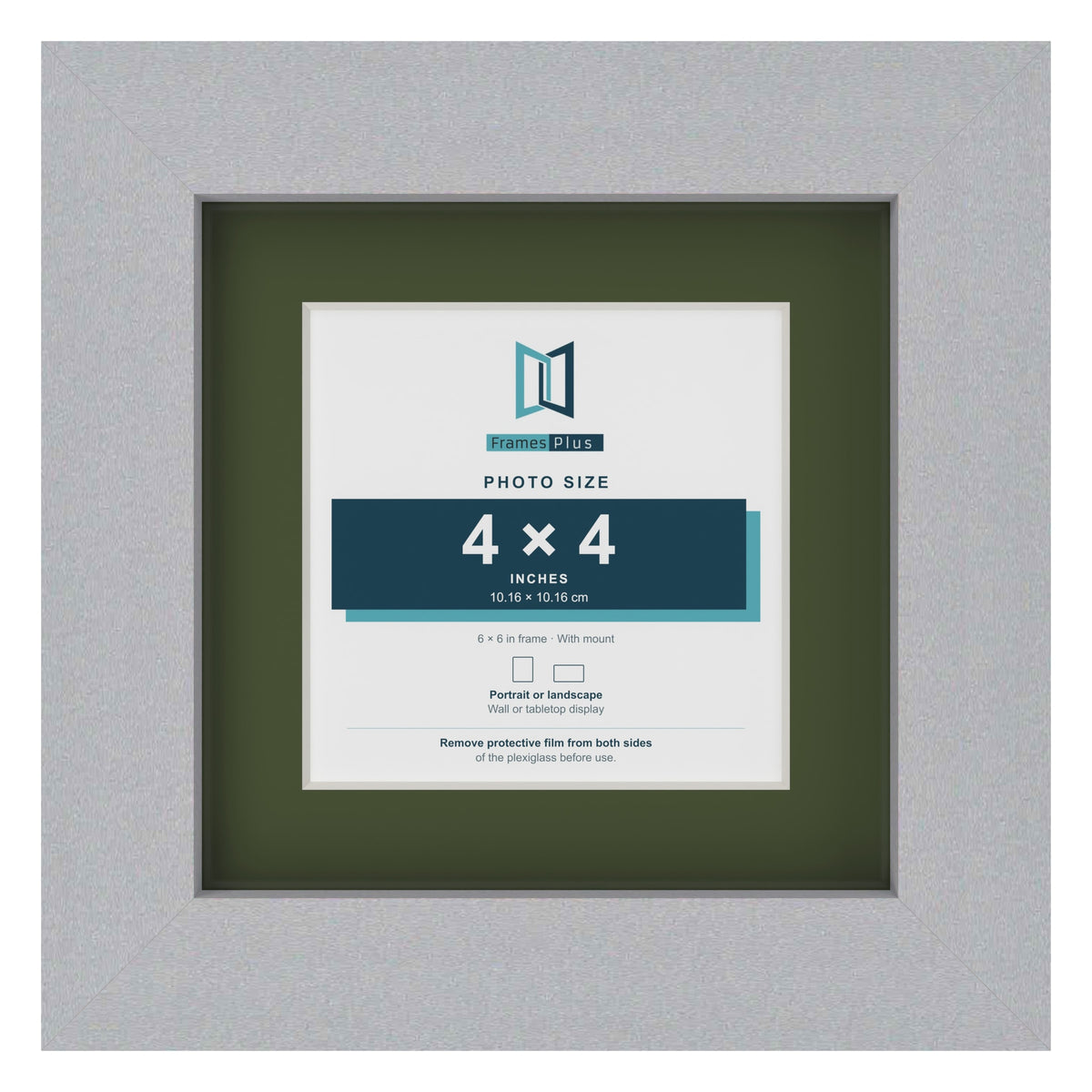 Silver 6 x 6 inch picture frame with a green mount for a 4 x 4 inch photo