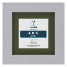 Silver 6 x 6 inch picture frame with a green mount for a 4 x 4 inch photo