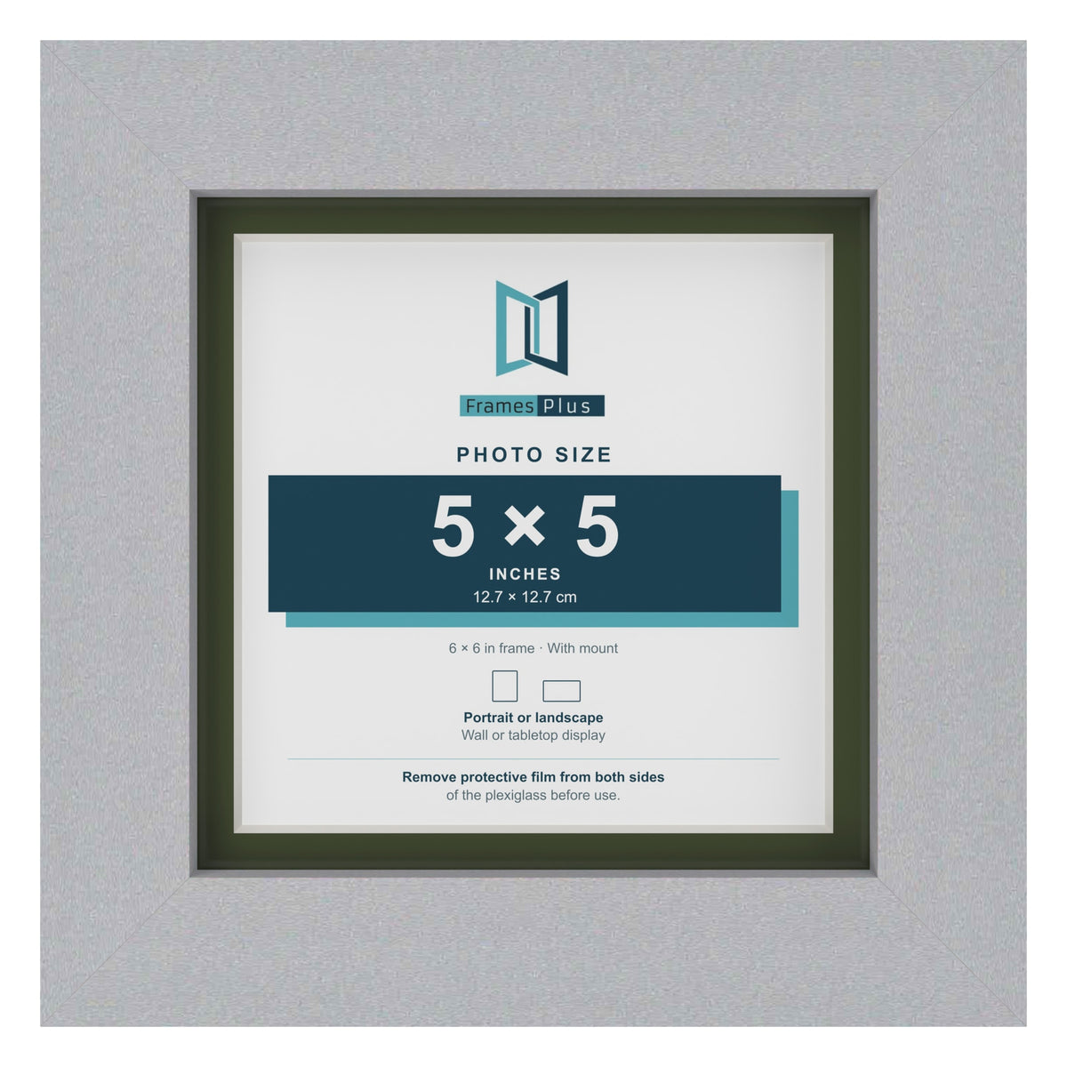 Silver 6 x 6 inch picture frame with a green mount for a 5 x 5 inch photo