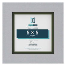 Silver 6 x 6 inch picture frame with a green mount for a 5 x 5 inch photo