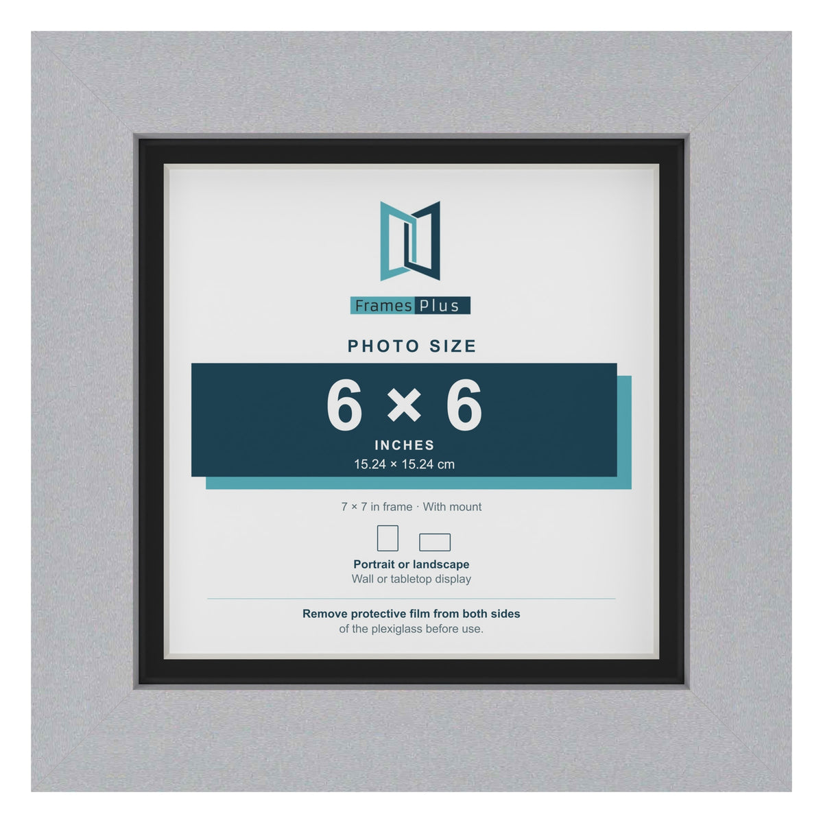 Silver 7 x 7 inch picture frame with a black mount for a 6 x 6 inch photo