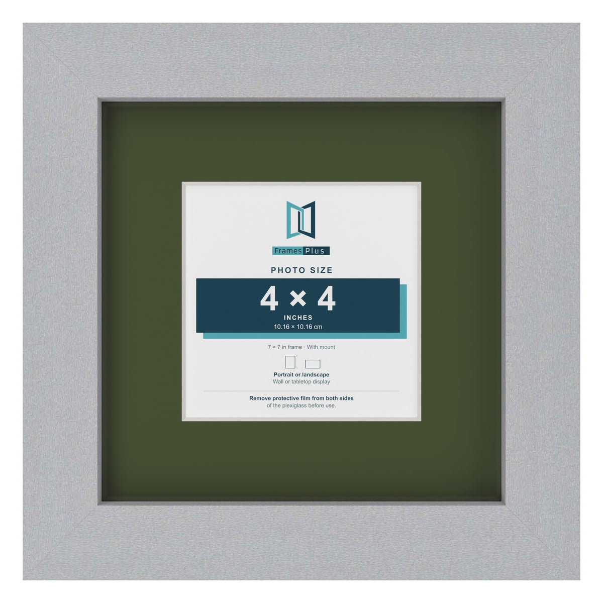 Silver 7 x 7 inch picture frame with a green mount for a 4 x 4 inch photo