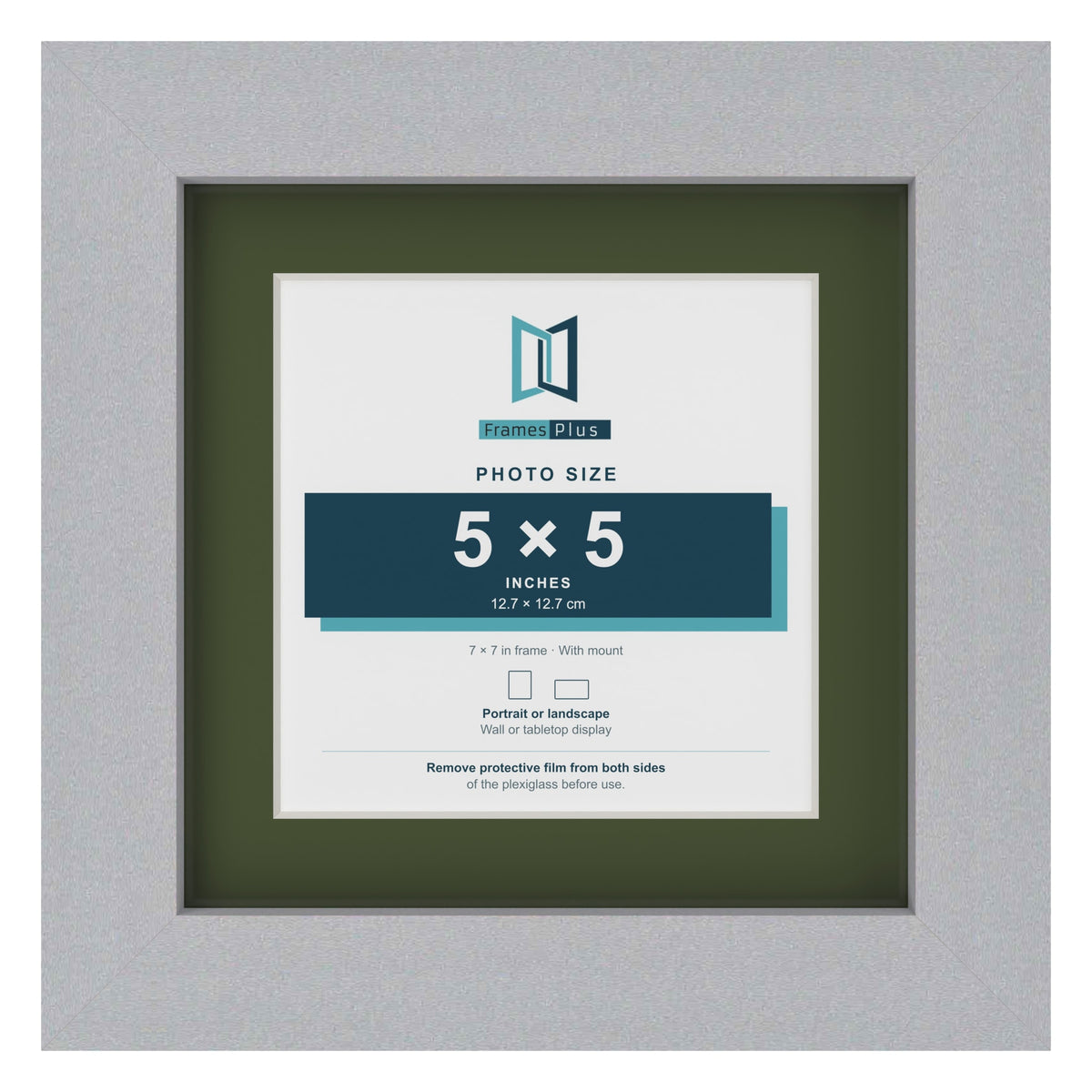 Silver 7 x 7 inch picture frame with a green mount for a 5 x 5 inch photo