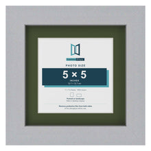 Silver 7 x 7 inch picture frame with a green mount for a 5 x 5 inch photo
