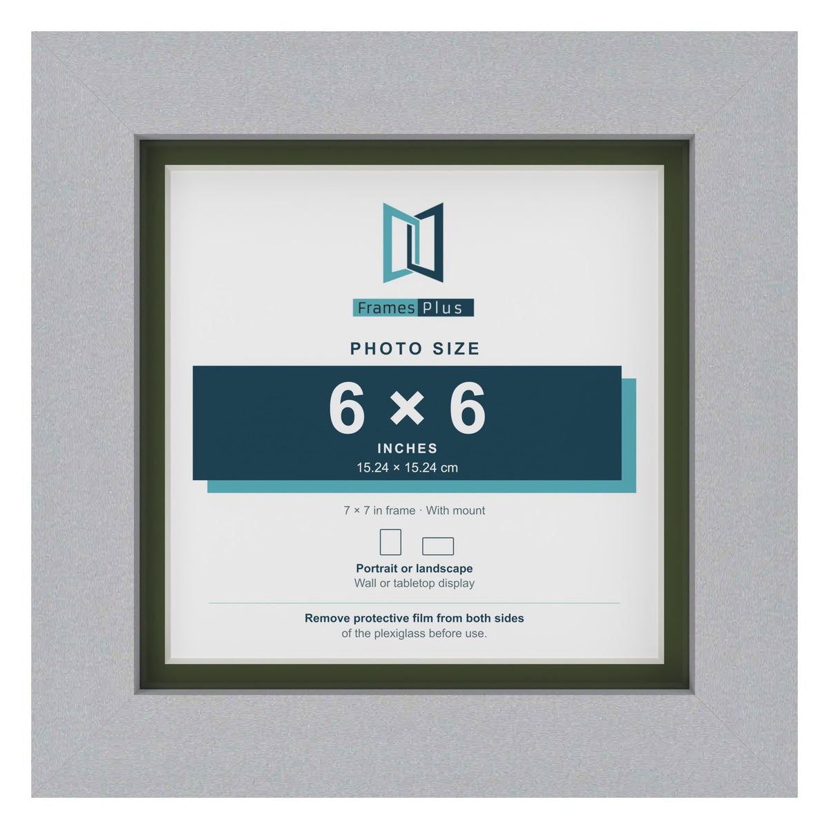 Silver 7 x 7 inch picture frame with a green mount for a 6 x 6 inch photo