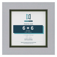Silver 7 x 7 inch picture frame with a green mount for a 6 x 6 inch photo
