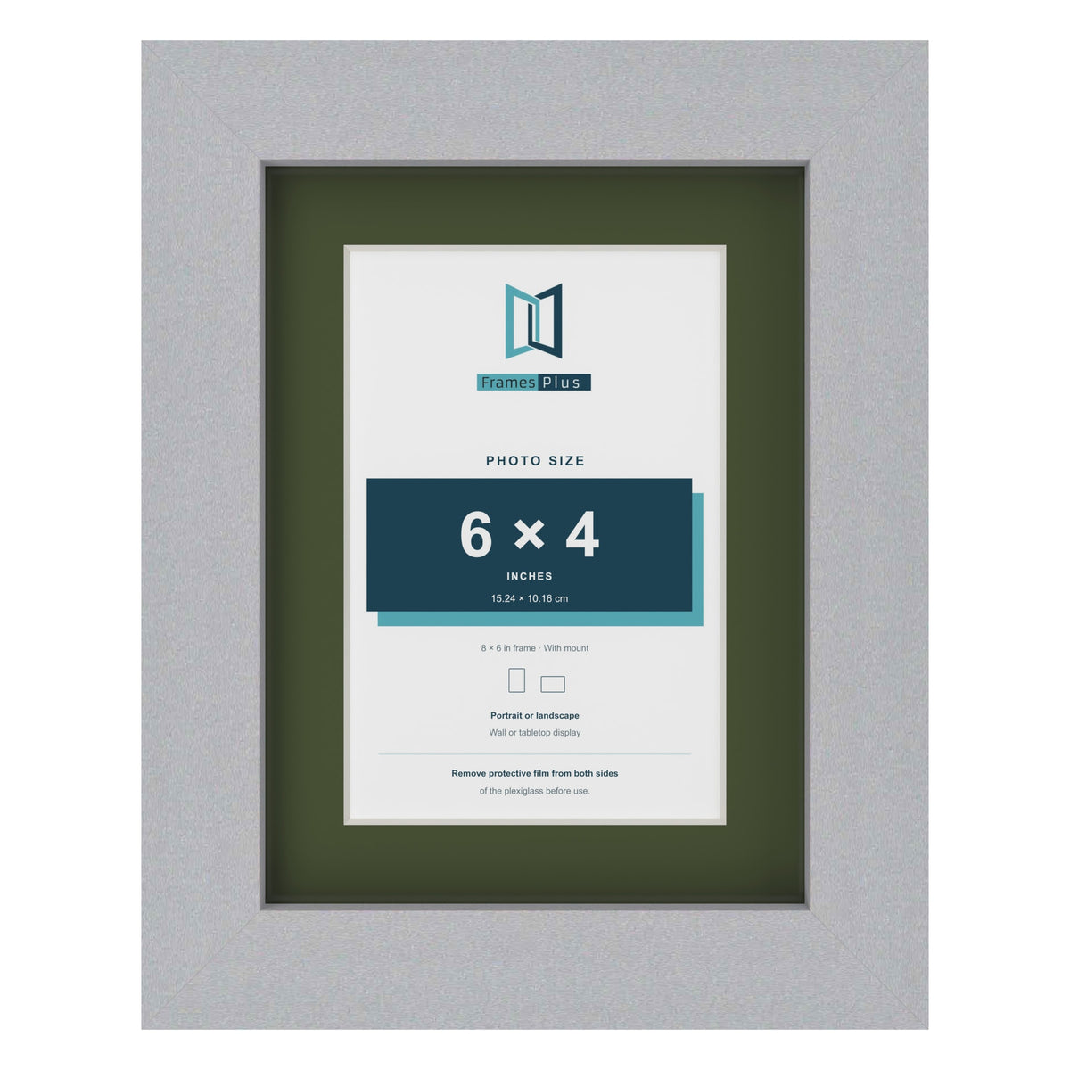 Silver 8 x 6 inch picture frame with a green mount for a 6 x 4 inch photo