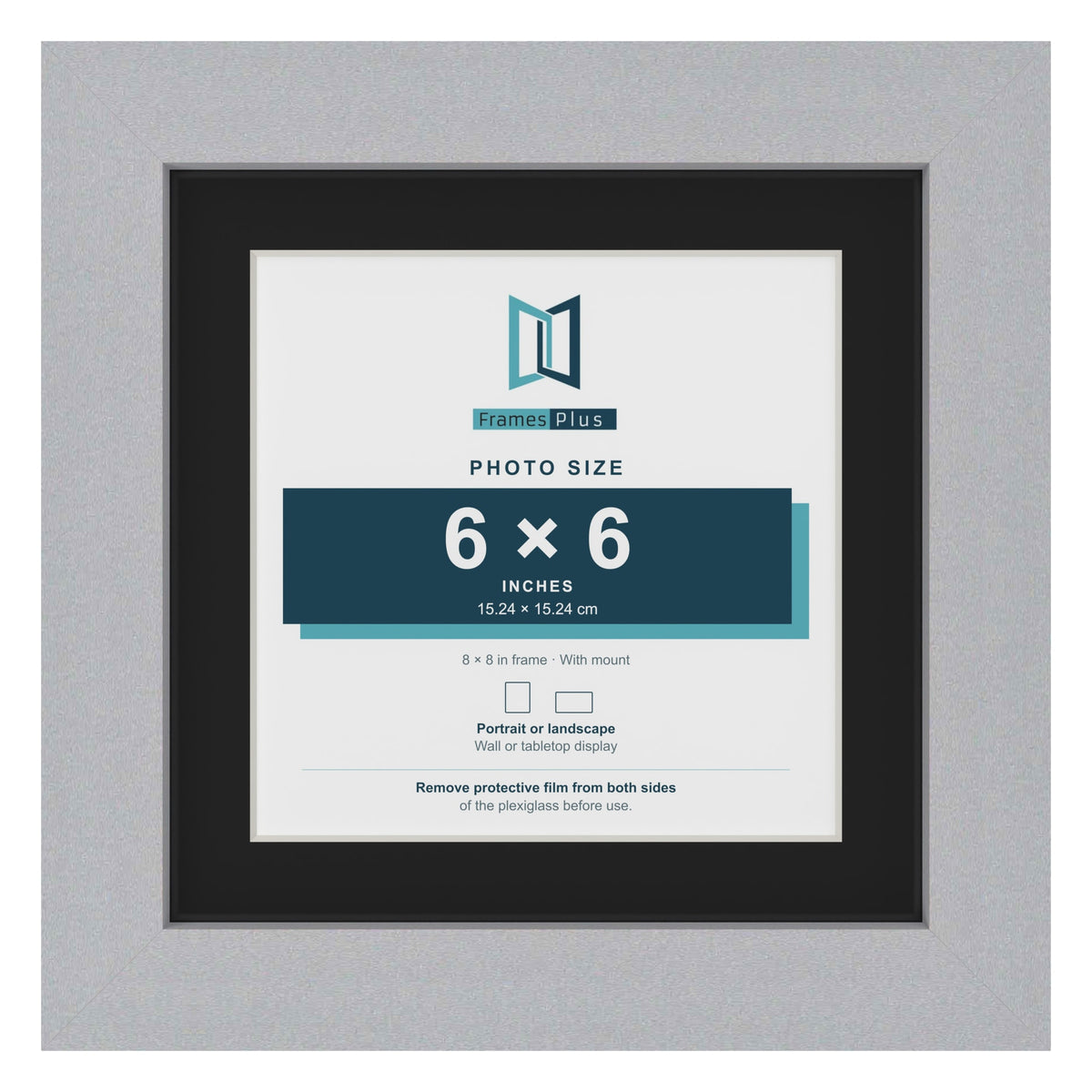 Silver 8 x 8 inch picture frame with a black mount for a 6 x 6 inch photo