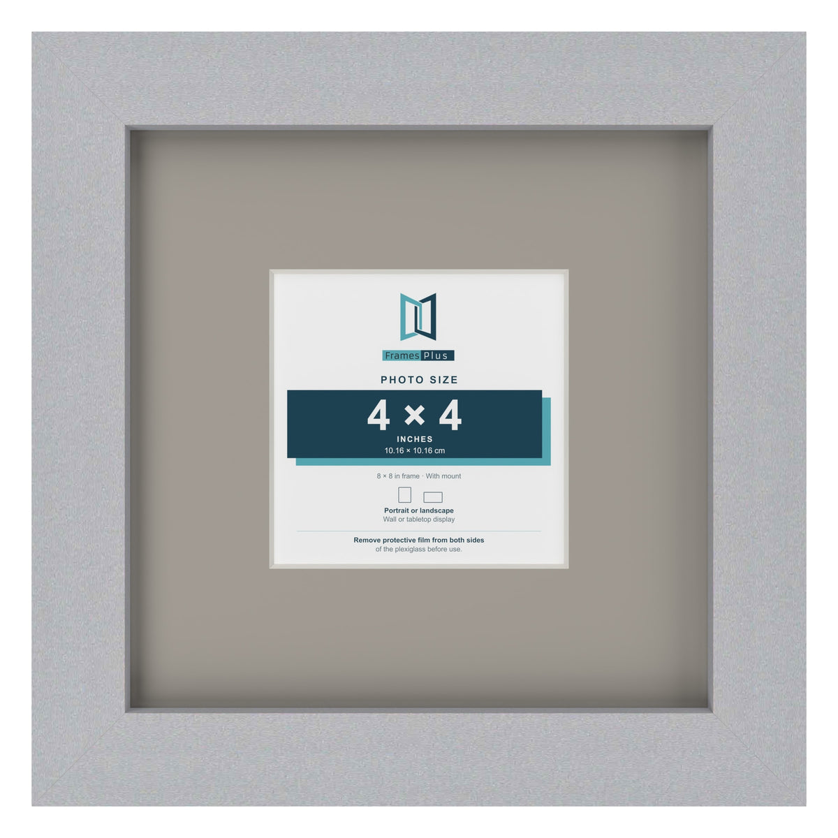 Silver 8 x 8 inch picture frame with a Dawn Grey mount for a 4 x 4 inch photo