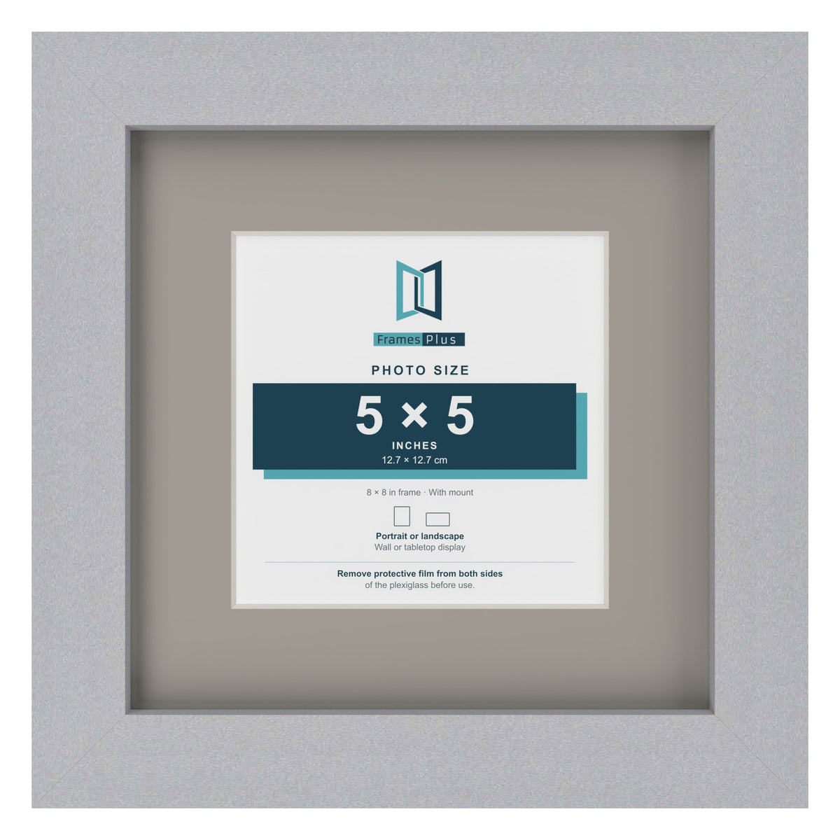 Silver 8 x 8 inch picture frame with a Dawn Grey mount for a 5 x 5 inch photo