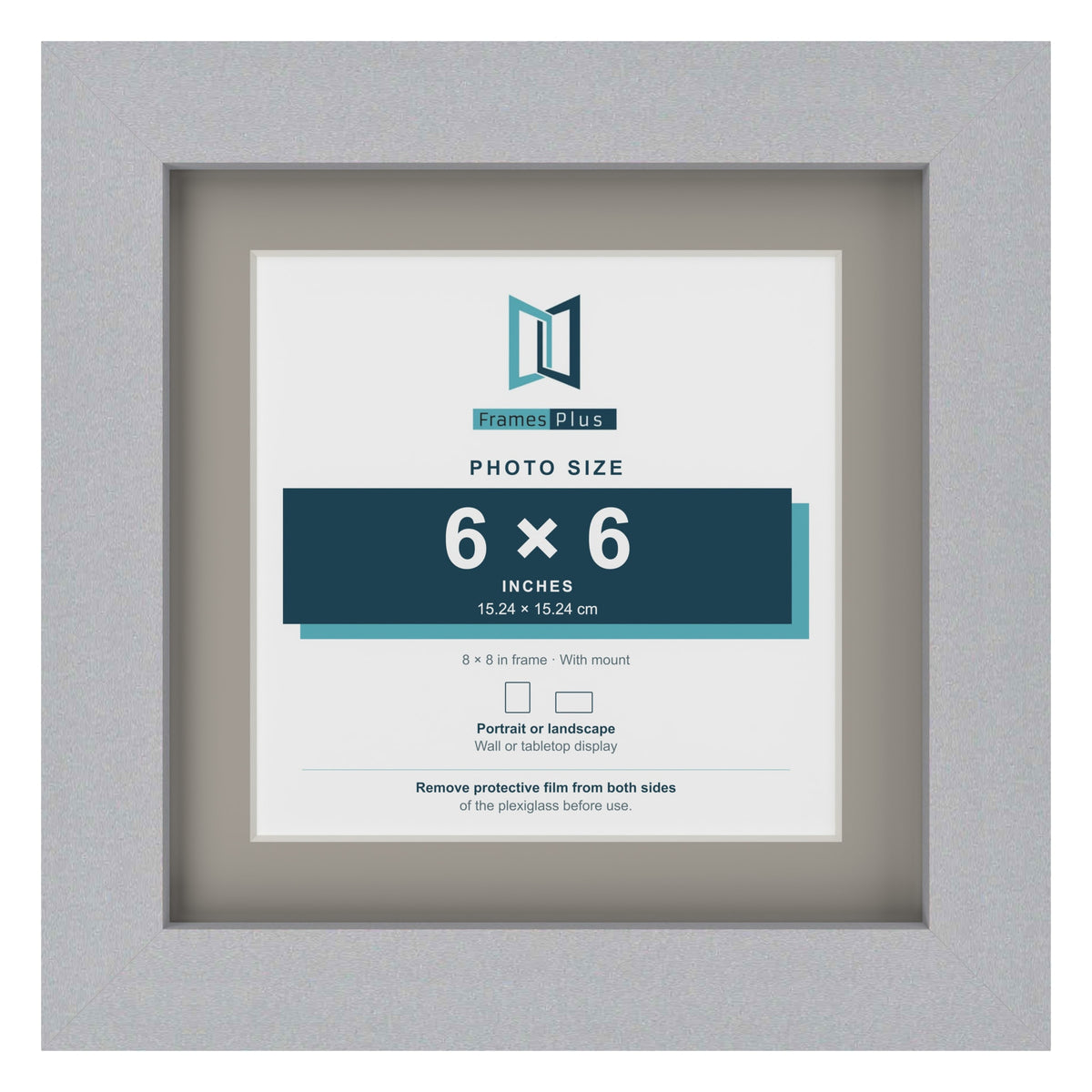 Silver 8 x 8 inch picture frame with a Dawn Grey mount for a 6 x 6 inch photo