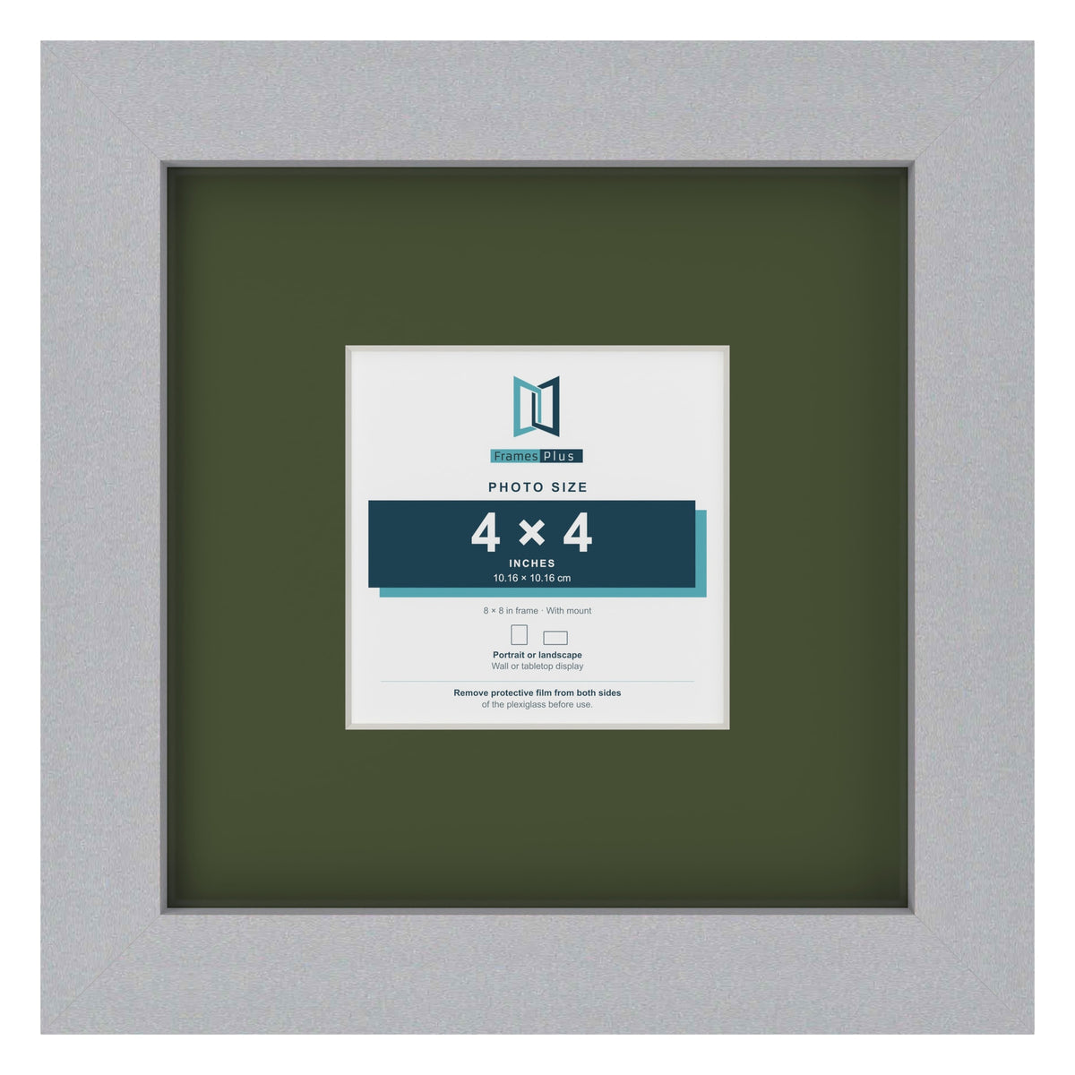 Silver 8 x 8 inch picture frame with a green mount for a 4 x 4 inch photo