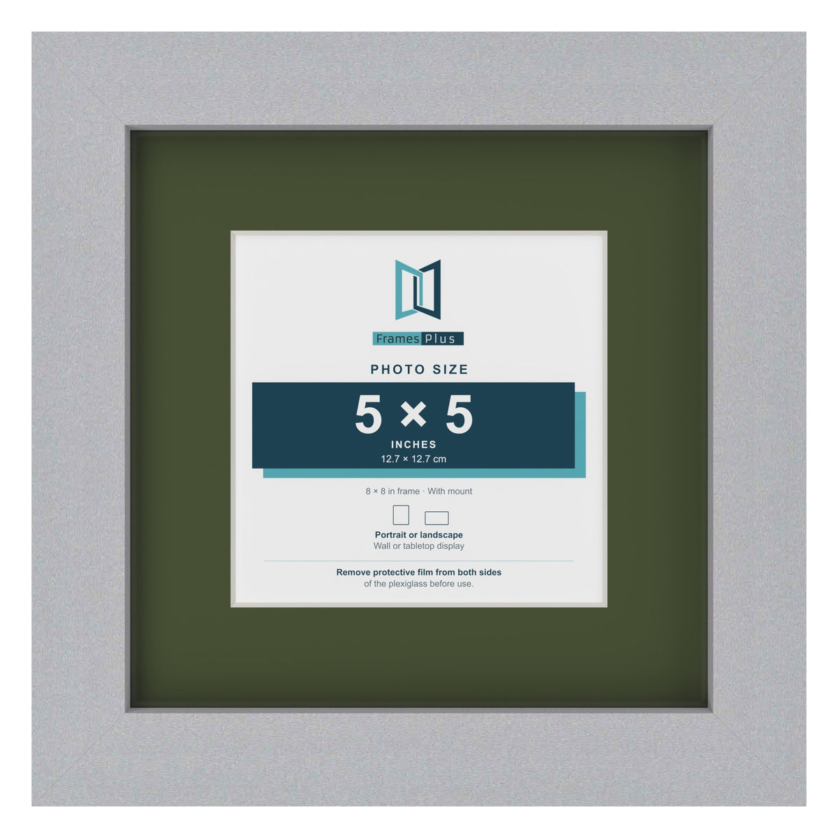 Silver 8 x 8 inch picture frame with a green mount for a 5 x 5 inch photo