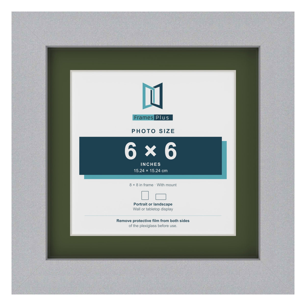 Silver 8 x 8 inch picture frame with a green mount for a 6 x 6 inch photo