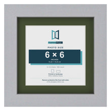 Silver 8 x 8 inch picture frame with a green mount for a 6 x 6 inch photo