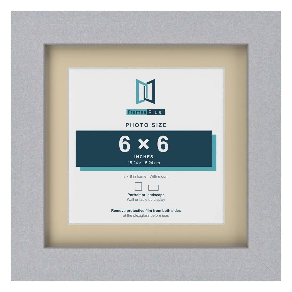 Silver 8 x 8 inch picture frame with an ivory mount for a 6 x 6 inch photo