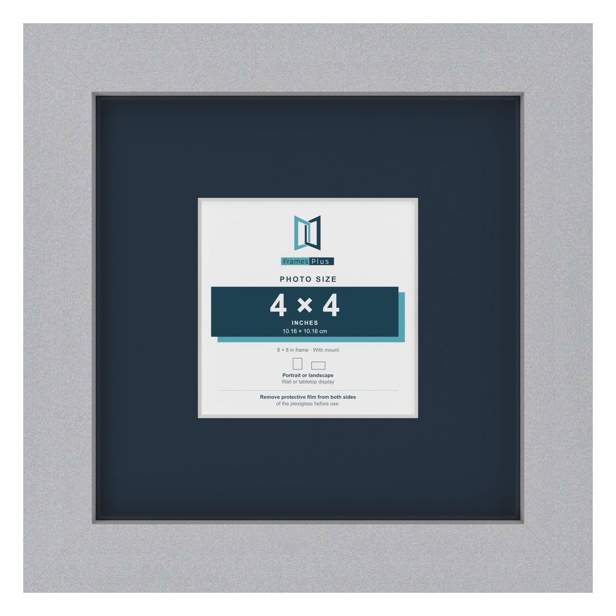 Silver 8 x 8 inch picture frame with a Pacific Blue mount for a 4 x 4 inch photo