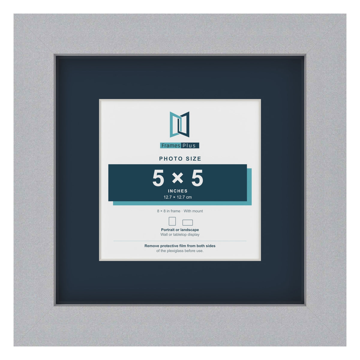 Silver 8 x 8 inch picture frame with a Pacific Blue mount for a 5 x 5 inch photo