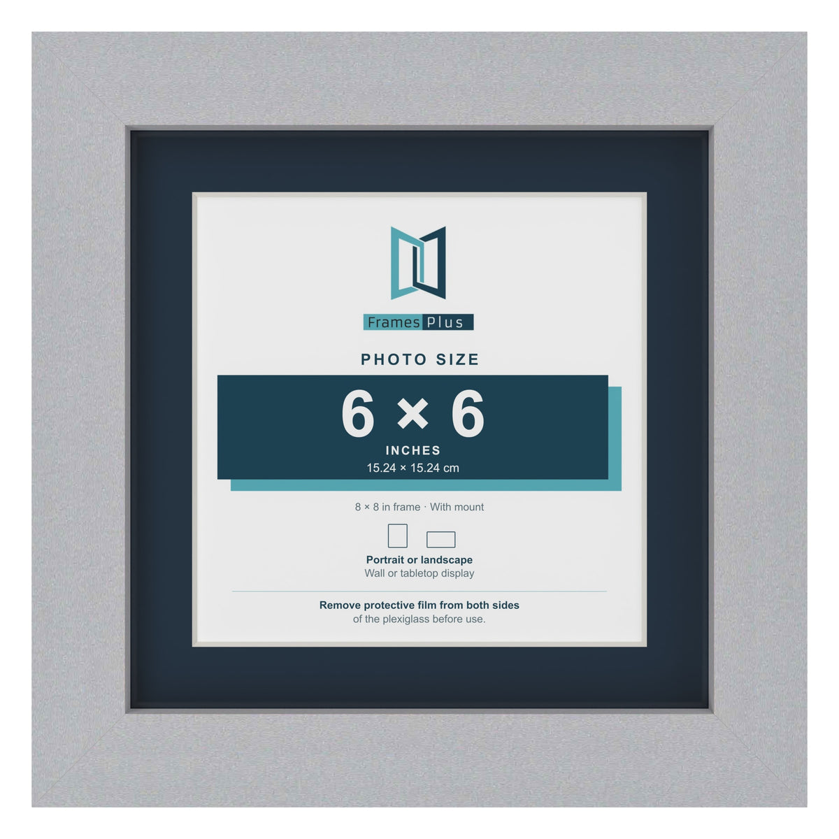 Silver 8 x 8 inch picture frame with a Pacific Blue mount for a 6 x 6 inch photo