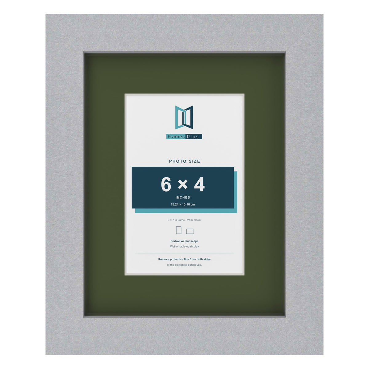 Silver 9 x 7 inch picture frame with a green mount for a 6 x 4 inch photo
