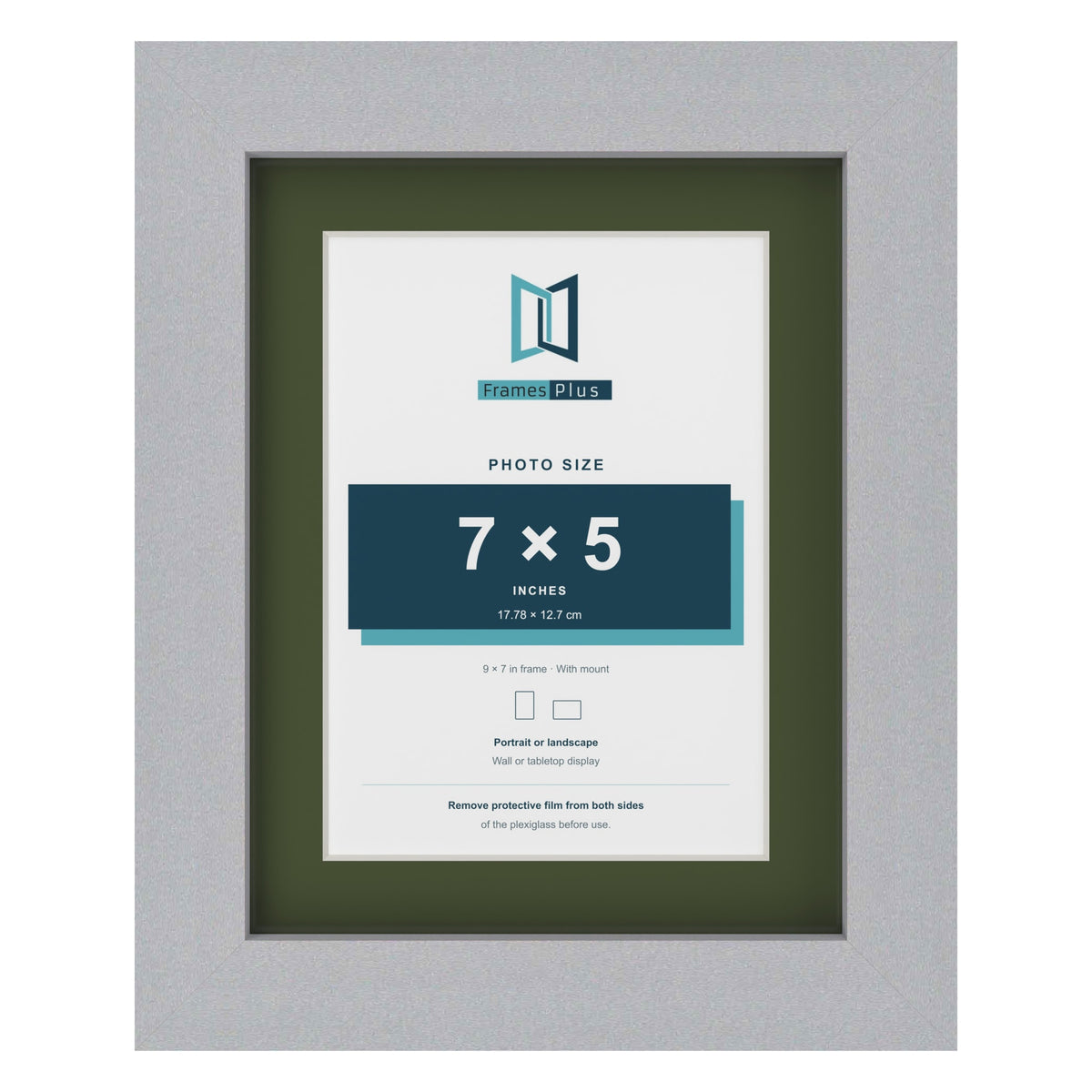 Silver 9 x 7 inch picture frame with a green mount for a 7 x 5 inch photo