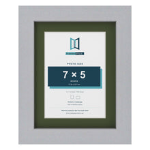 Silver 9 x 7 inch picture frame with a green mount for a 7 x 5 inch photo