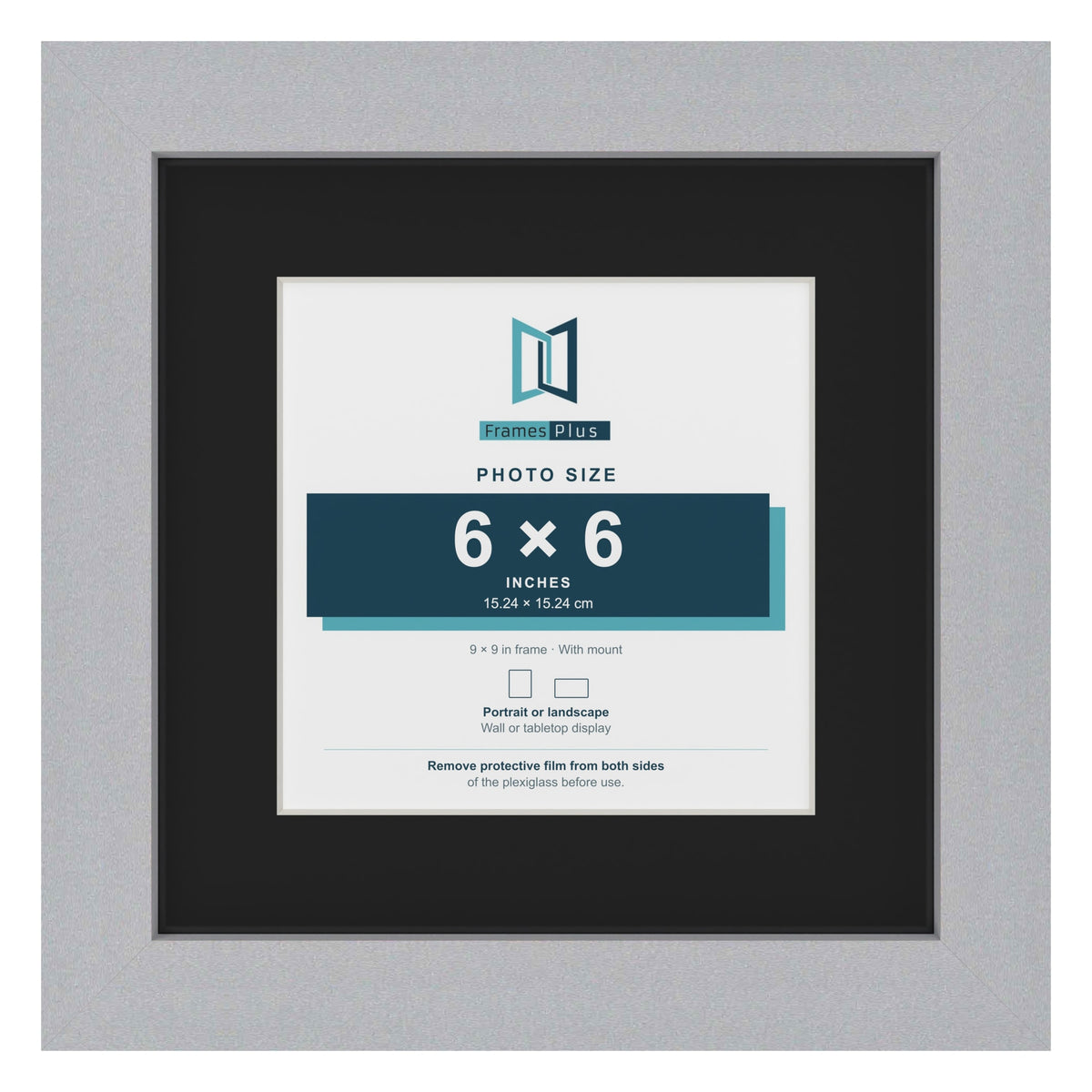 Silver 9 x 9 inch picture frame with a black mount for a 6 x 6 inch photo