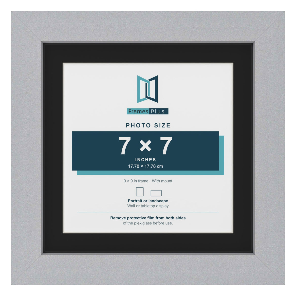 Silver 9 x 9 inch picture frame with a black mount for a 7 x 7 inch photo