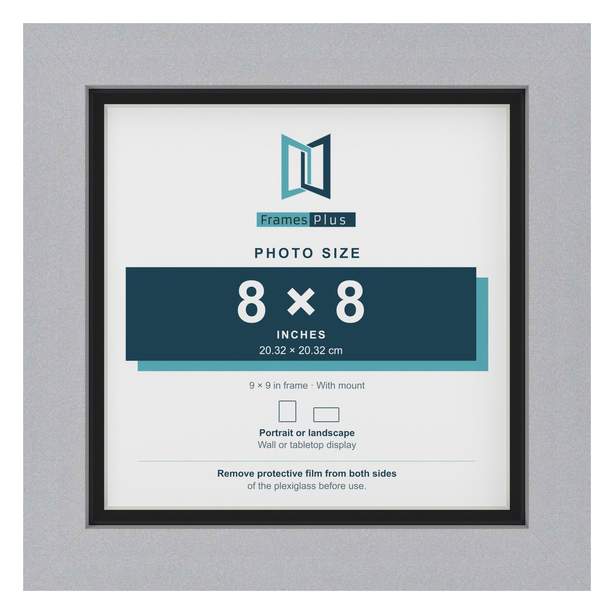 Silver 9 x 9 inch picture frame with a black mount for an 8 x 8 inch photo