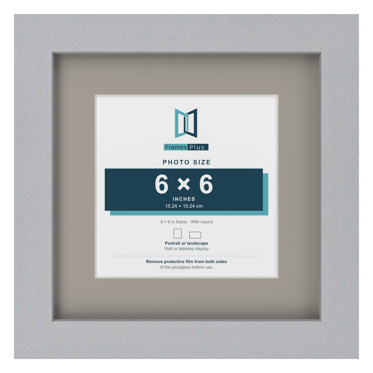 Silver 9 x 9 inch picture frame with a Dawn Grey mount for a 6 x 6 inch photo