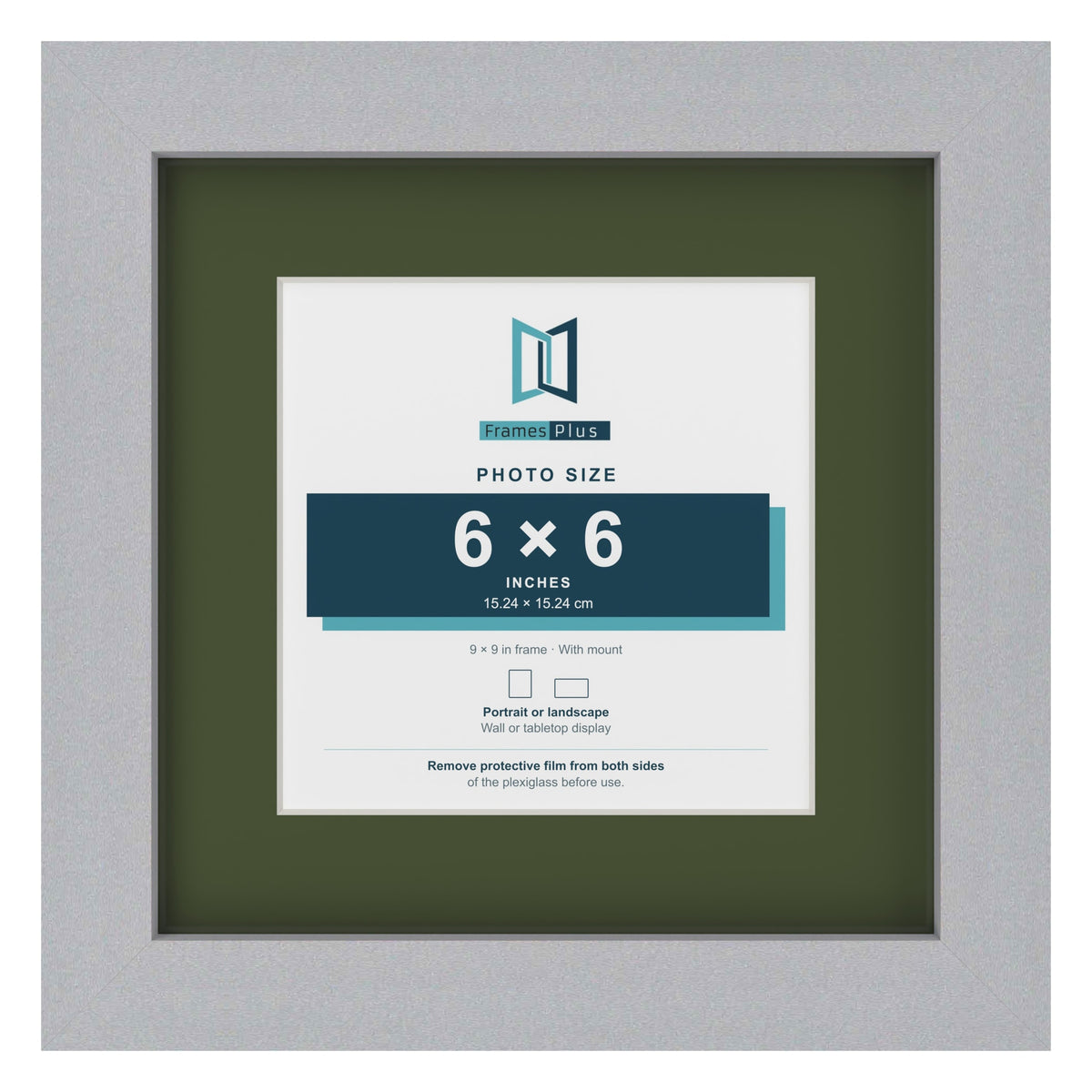 Silver 9 x 9 inch picture frame with a green mount for a 6 x 6 inch photo