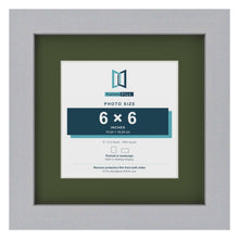 Silver 9 x 9 inch picture frame with a green mount for a 6 x 6 inch photo