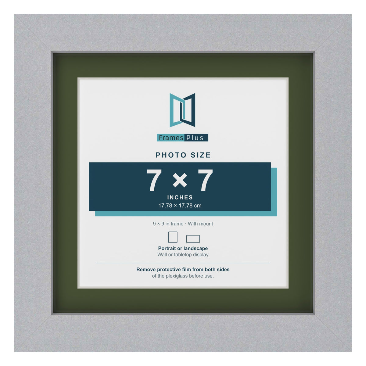 Silver 9 x 9 inch picture frame with a green mount for a 7 x 7 inch photo