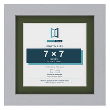 Silver 9 x 9 inch picture frame with a green mount for a 7 x 7 inch photo