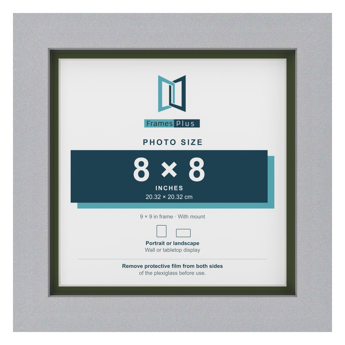 Silver 9 x 9 inch picture frame with a green mount for an 8 x 8 inch photo