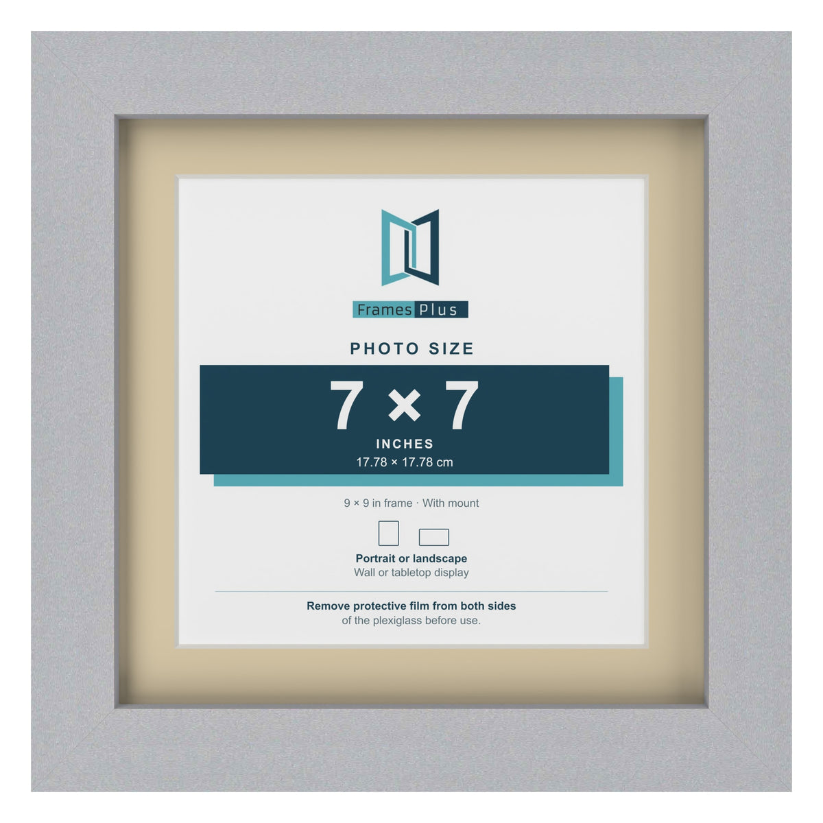 Silver 9 x 9 inch picture frame with an ivory mount for a 7 x 7 inch photo