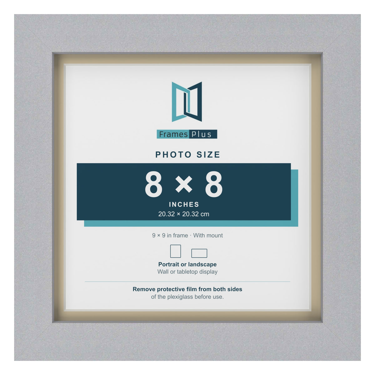 Silver 9 x 9 inch picture frame with an ivory mount for an 8 x 8 inch photo