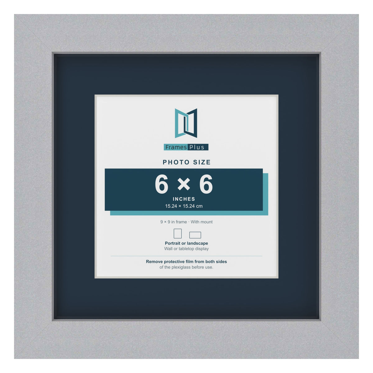 Silver 9 x 9 inch picture frame with a Pacific Blue mount for a 6 x 6 inch photo