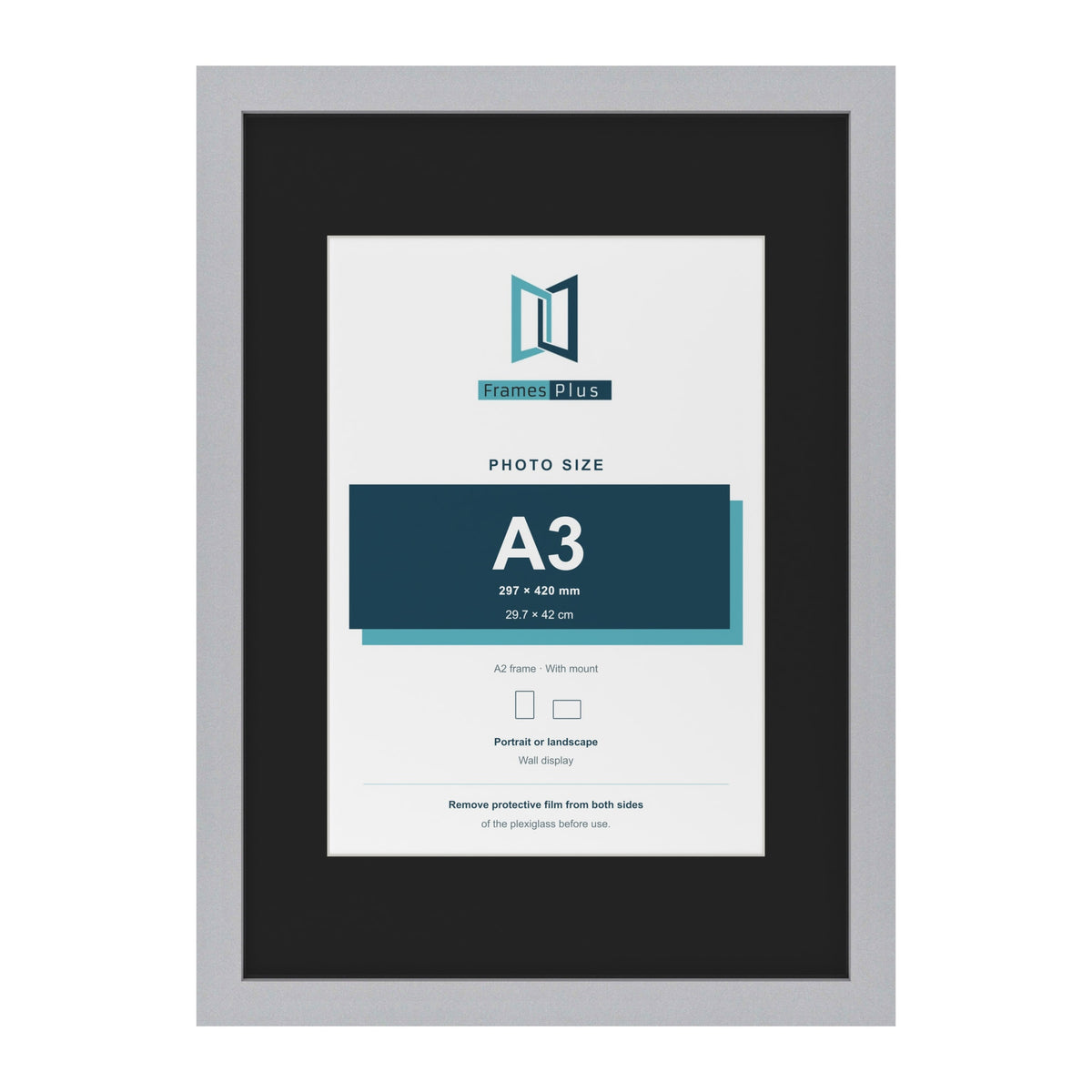 Silver A2 picture frame with a black mount for an A3 photo